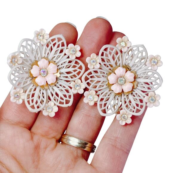 VTG Signed Coro 1950s Earrings Mid Century Thermoplastic Floral AB Rhinestones - Picture 2 of 13